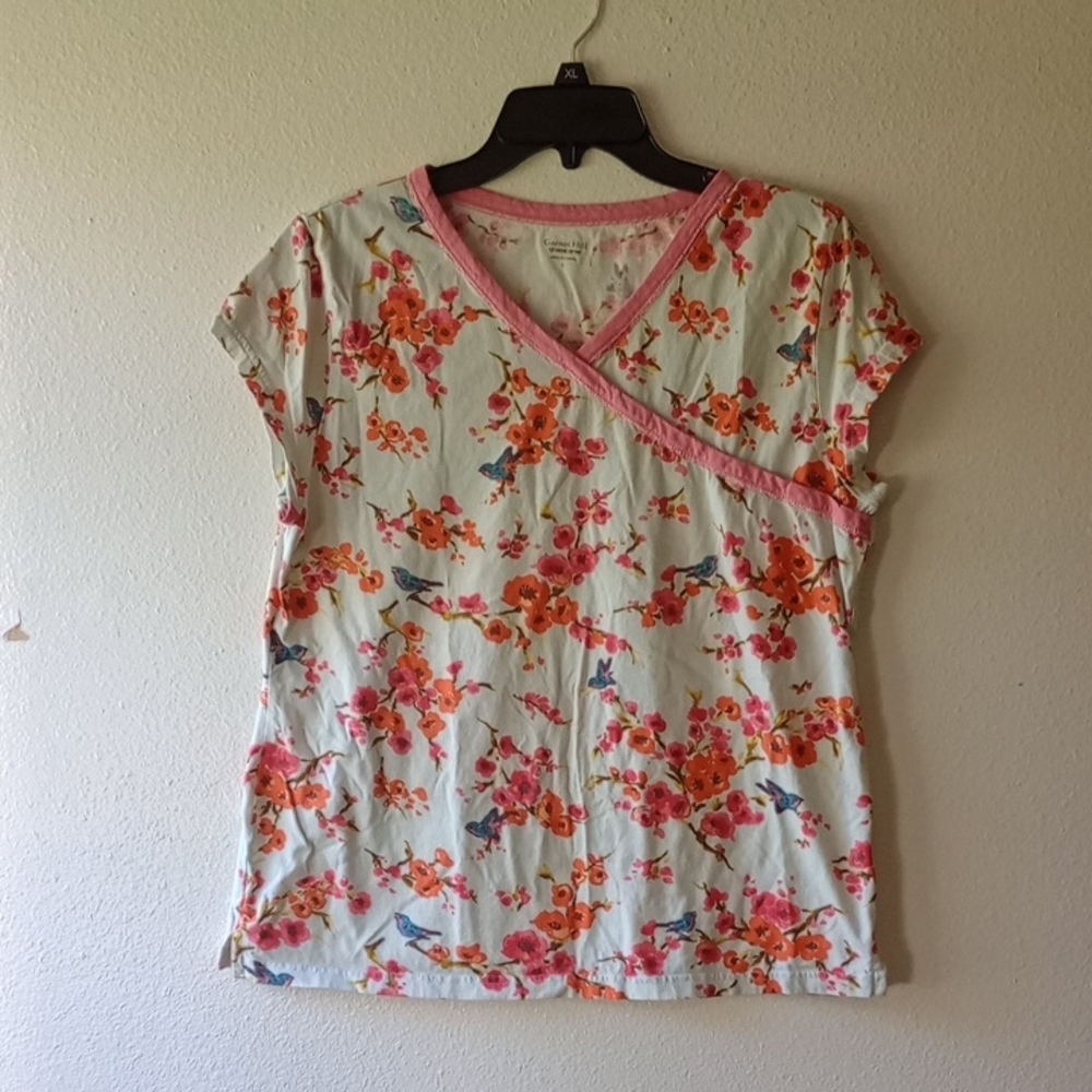 Garnet Hill Floral Cotton spring Short sleeve T-Shirt Size L